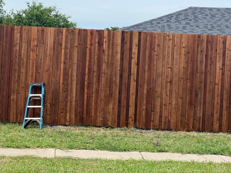 Newly stained cedar privacy fence behind a home, ladder still on site